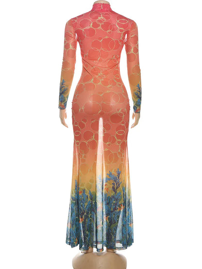 kliou Mesh Panelled Women Maxi Dress Sexy Stunning Point Print Full Sleeve O-neck Sheath Robe Mujer Hipster Festival Party Frock