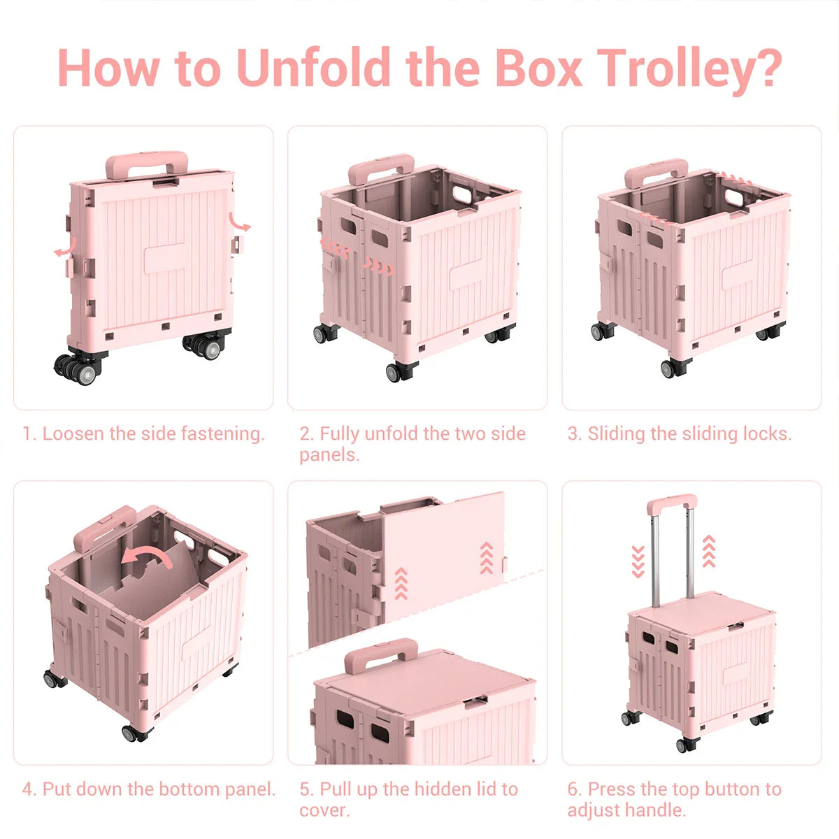 Folding Utility Shopping Trolley on Wheels Teacher Trolley Cart with Lid Portable Crate Handcart Box for Camping Shopping Pink