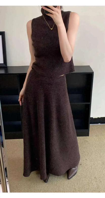 Elegant Knitted 3 Piece Set Women Long Cardigan Coat Sleeveless Vest High Waist A-line Long Skirt