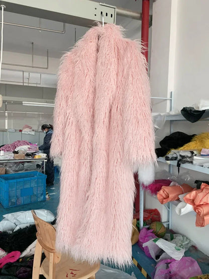 Faux Fur Jacket Women Long Coat Thick Fluffy Winter Warm Shaggy Overcoat Open Stitch Outerwear Turn Down Collar High Street