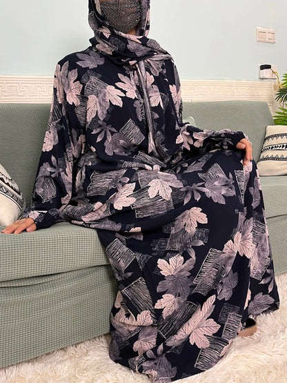 Women's Traditional Floral Ramadan Muslim Cotton Abayas Garment with attached Headscarf
