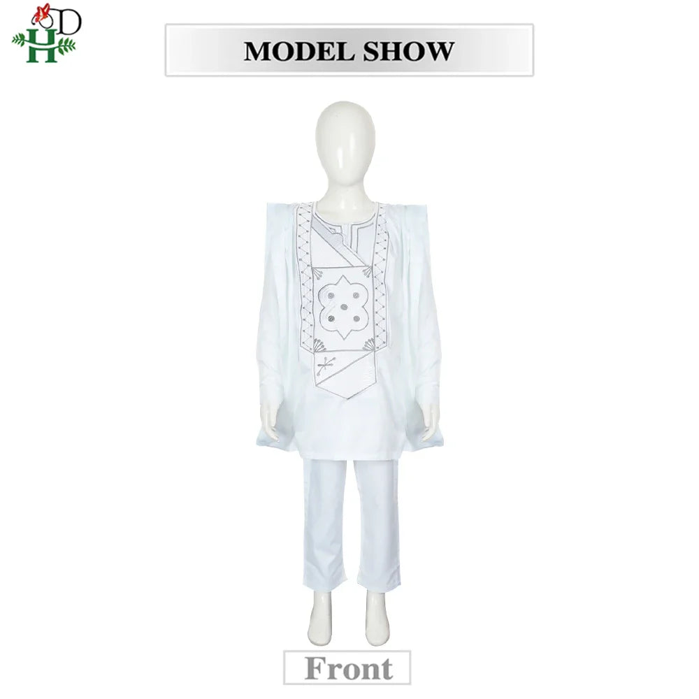 Boys White Blue Long Sleeve Tops Embroidery Dashiki Robe Shirt And Pant Set 3 PCS