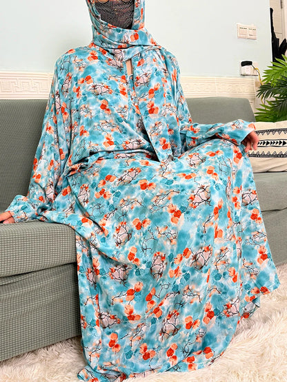 Women's Traditional Floral Ramadan Muslim Cotton Abayas Garment with attached Headscarf