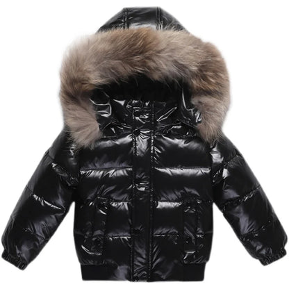 Kids Winter Down Jacket Real Faux Fur Waterproof Shiny Thick Warm Outerwear