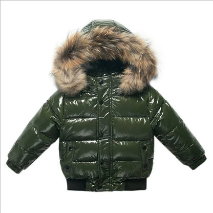 Kids Winter Down Jacket Real Faux Fur Waterproof Shiny Thick Warm Outerwear
