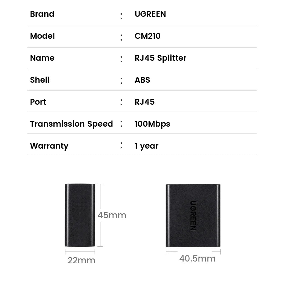 UGREEN RJ45 Splitter 1 to 2 Ethernet Adapter Internet Network Cable Extender RJ45 Connector Coupler for PC Laptop TV Box Router