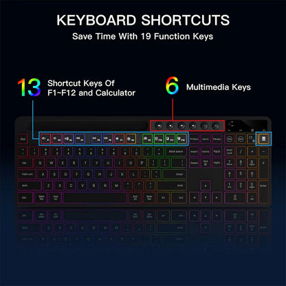 Wireless Keyboard and Mouse Combo with Backlit Full Size Ergonomic Keyboard with Phone Tablet Holder 2.4G Mouse for PC Laptop