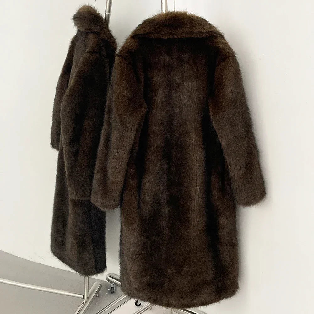 Women's Long Faux Fur Jacket European Style Lapel Casual Coat Eco-Friendly Covered Button Loose Fit Winter Warm