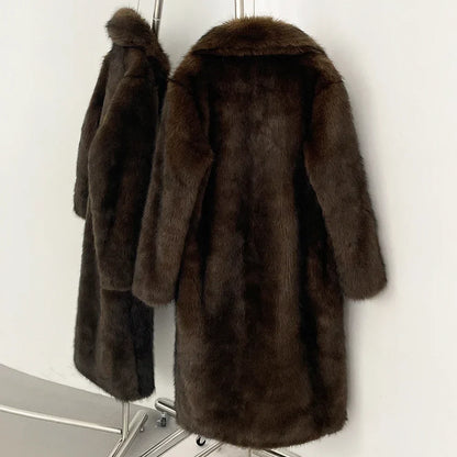 Women's Long Faux Fur Jacket European Style Lapel Casual Coat Eco-Friendly Covered Button Loose Fit Winter Warm