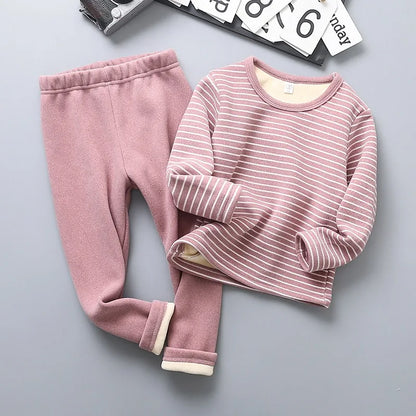 Children's Fleece Lined Thermal Underwear Set Boys Girls Stripe Design Thickened Unisex Autumn Thermal Pajamas 4-6 Years