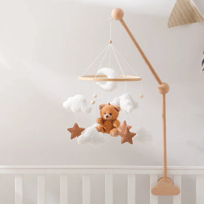 Wooden Crib Mobile Baby Bed Bell Rattle Toy Soft Felt Cartoon Bear Mobile Hanging Newborn Music Box Bed Bell Hanging Bracket Toy