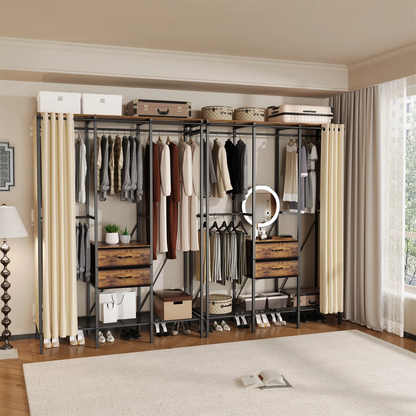 Industrial Coat Rack Stand, Open Wardrobe, Clothes Rail with 2 Drawer and Shelves, Bedroom Storage, Hanging Bar, XXL