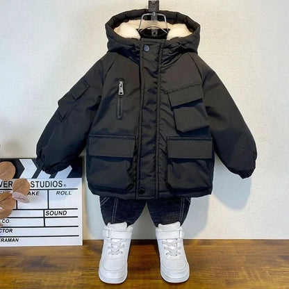 New Winter Down Cotton Jacket Boys Black Hooded Coat Children Outerwear