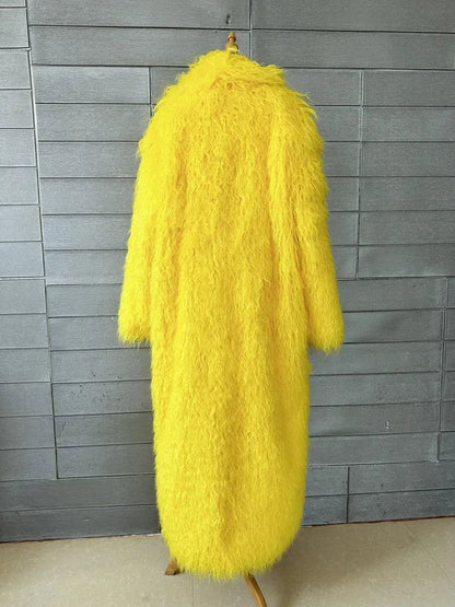 Faux Fur Jacket Women Long Coat Thick Fluffy Winter Warm Shaggy Overcoat Open Stitch Outerwear Turn Down Collar High Street