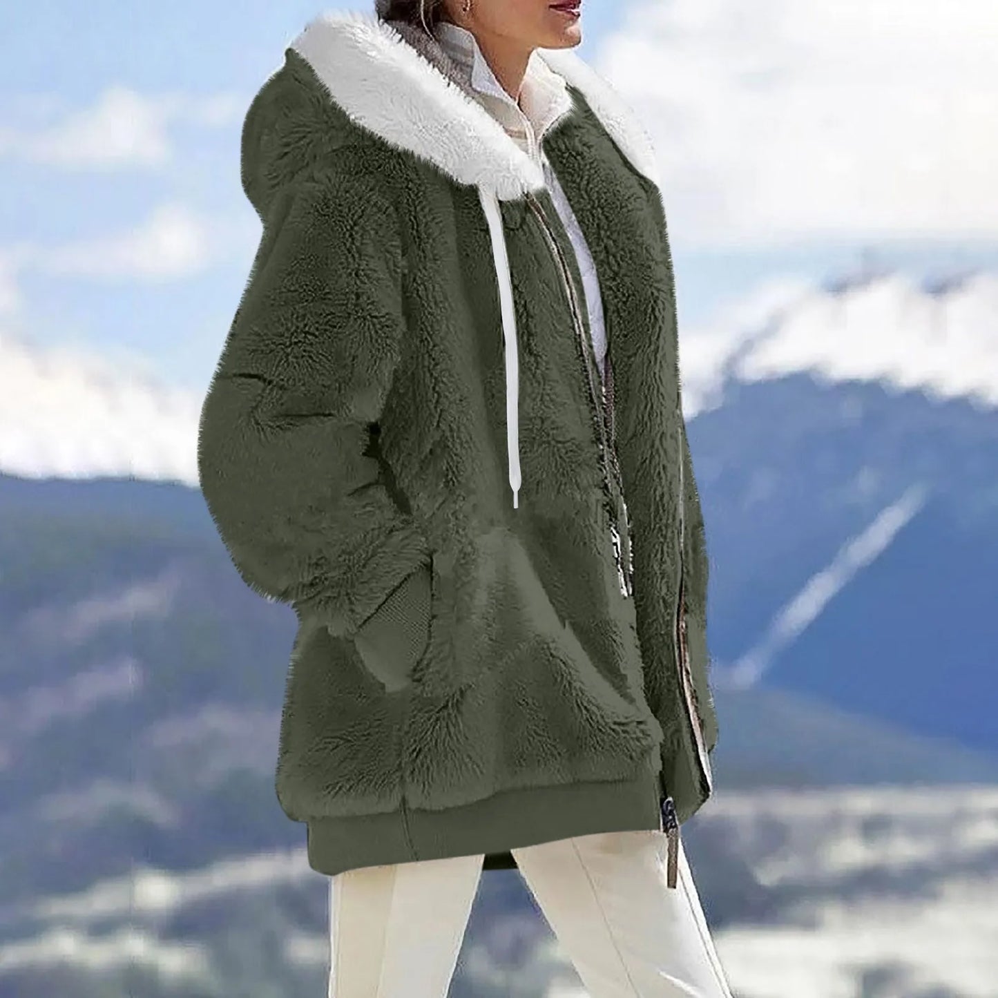 Women's Winter Fashionable Hooded Fleece Solid Color Jacket