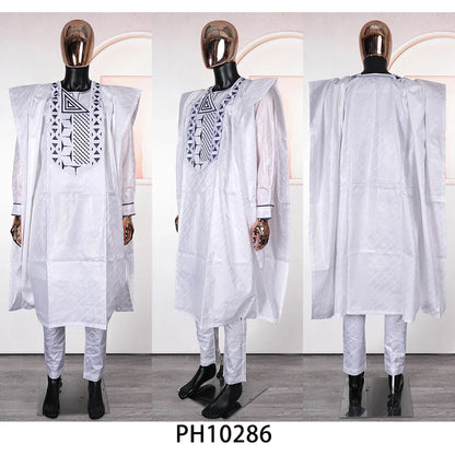 African Clothes for Men Traditional Rich Bazin Original Embroidery White Clothing Men 3 PCS Set Wedding Party Occasion 2024