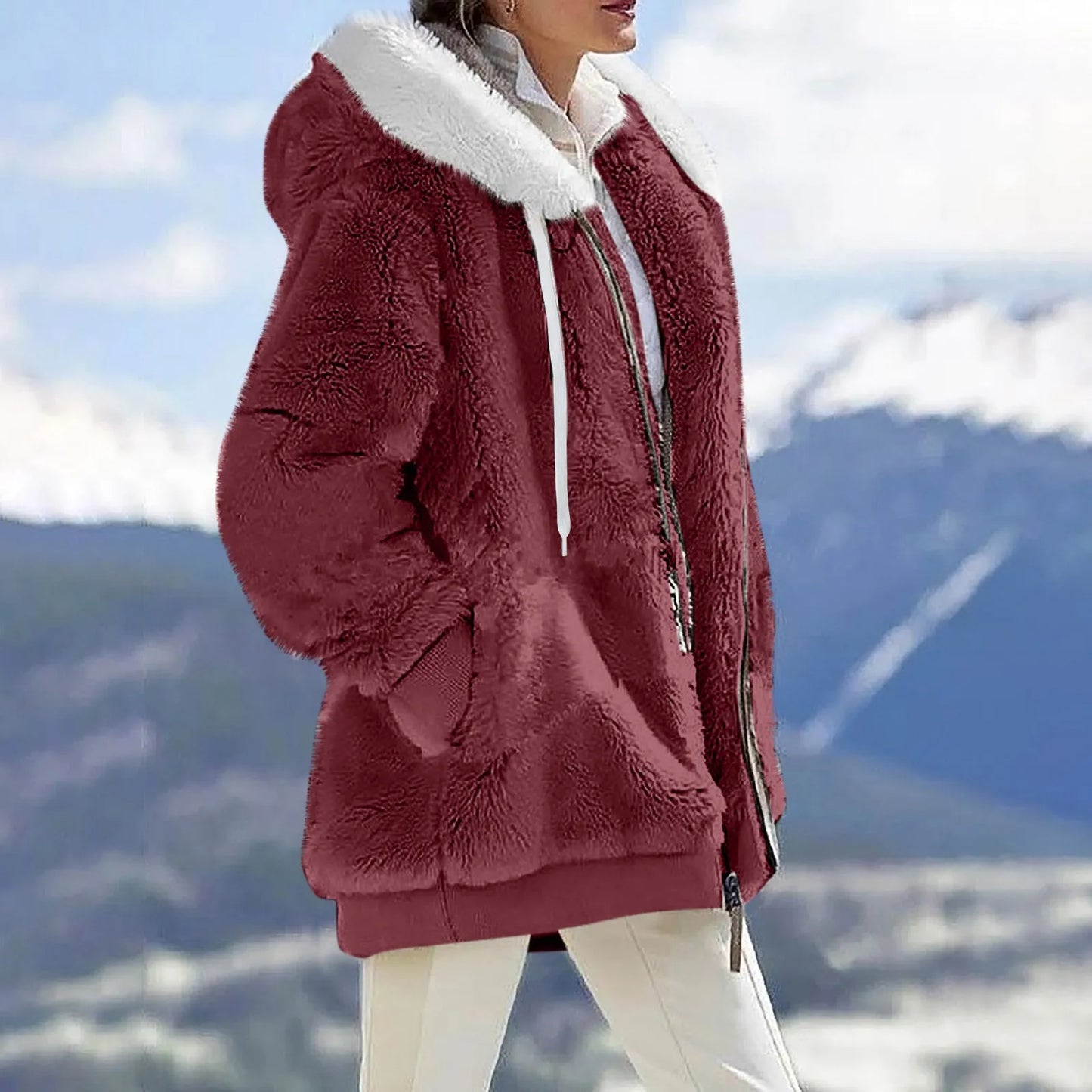 Women's Winter Fashionable Hooded Fleece Solid Color Jacket