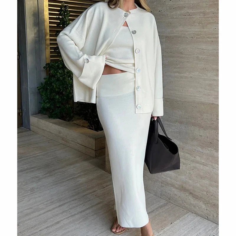Women's Fashion Three Piece Set Solid Knitted Vest Long Sleeve Single Breasted Coat Chic Maxi Skirt Outfit Winter Casual Dress
