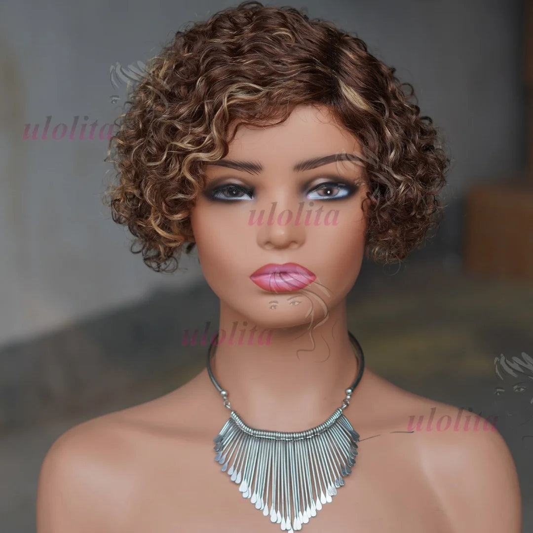 Ombre Blonde T1B27Pixie Cut Short Curly Bob Side Part Non Lace Front 100%