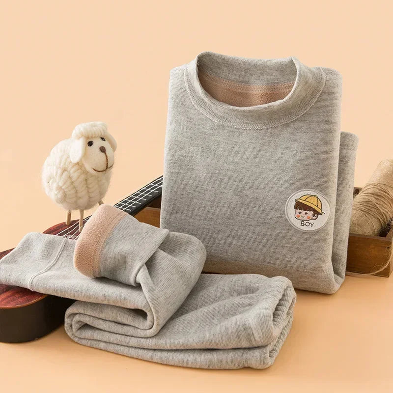 Unisex Thermal Long Johns Set for Kids 2-14 Years Winter Fleece Thick Underwear Soft Toddler Homewear Polyester Daily Wear