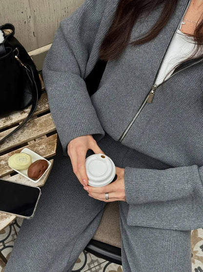 Women's Zip up Jacket And Wide Leg Pants Set Soft Knit Loose Long Sleeve Autumn Winter Casual Sweater Outfit