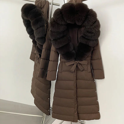 Real Faux Fur Collar Puffer Jacket Duck Down Thick Coat For Women