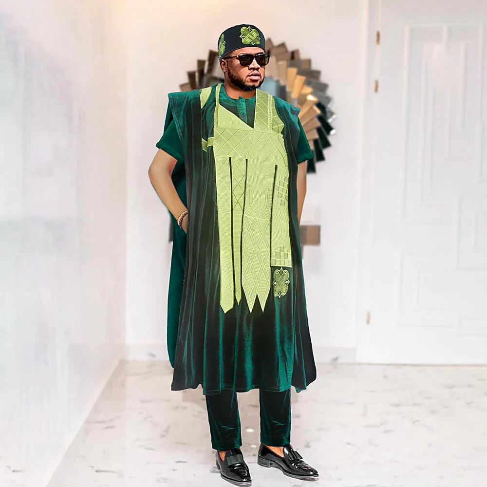 African Clothes for Men Clothing High-Quality Pink Embroidery With Hat Flannelette 3 Pcs Set