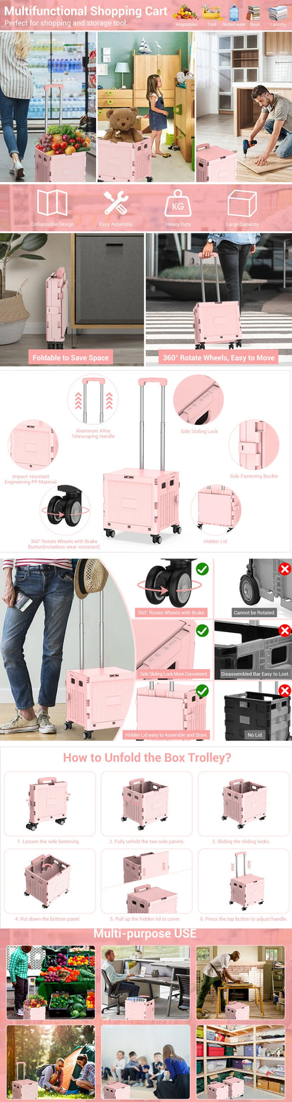 Folding Utility Shopping Trolley on Wheels Teacher Trolley Cart with Lid Portable Crate Handcart Box for Camping Shopping Pink