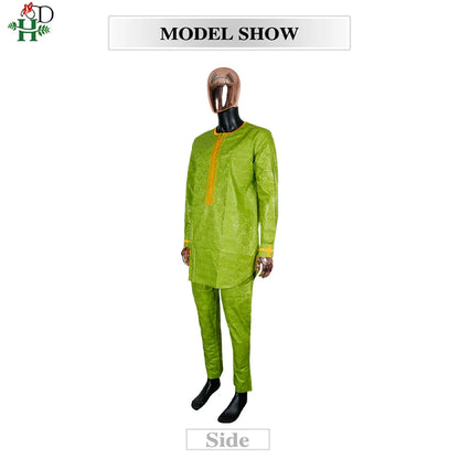Men's Traditional Agbada 2PCS Green Bazin Riche Shirt and Pant