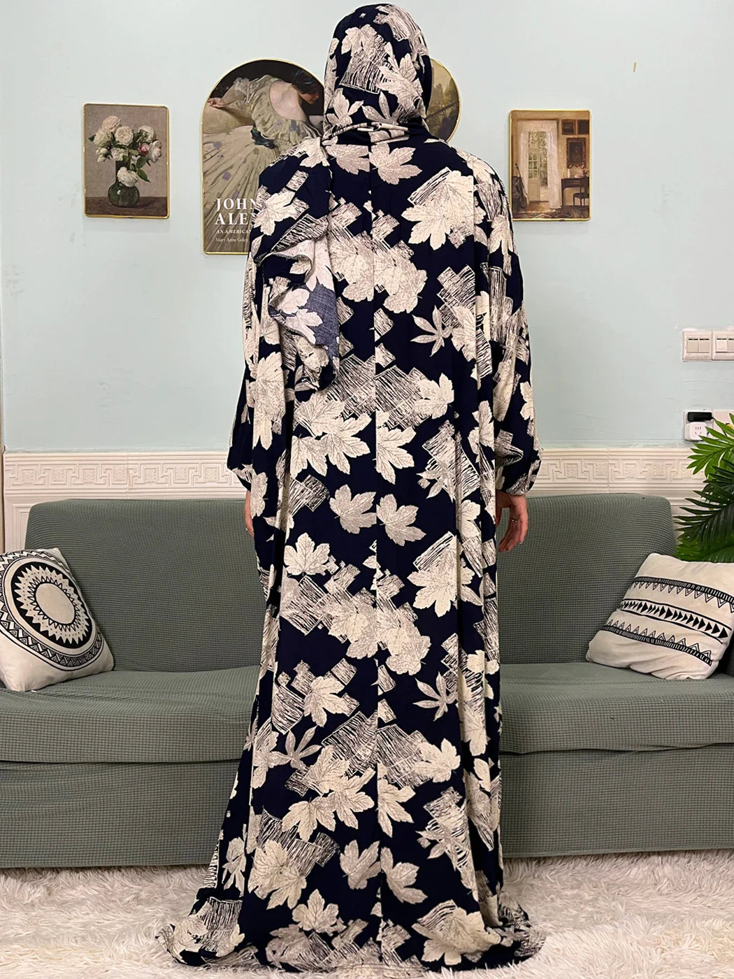 Women's Traditional Floral Ramadan Muslim Cotton Abayas Garment with attached Headscarf