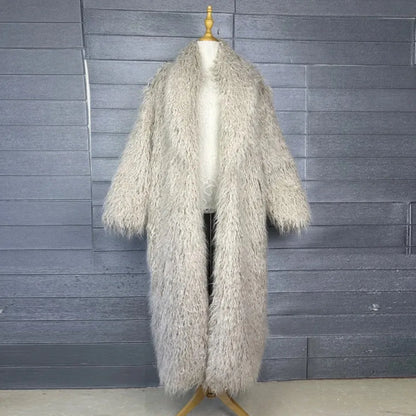 Faux Fur Jacket Women Long Coat Thick Fluffy Winter Warm Shaggy Overcoat Open Stitch Outerwear Turn Down Collar High Street
