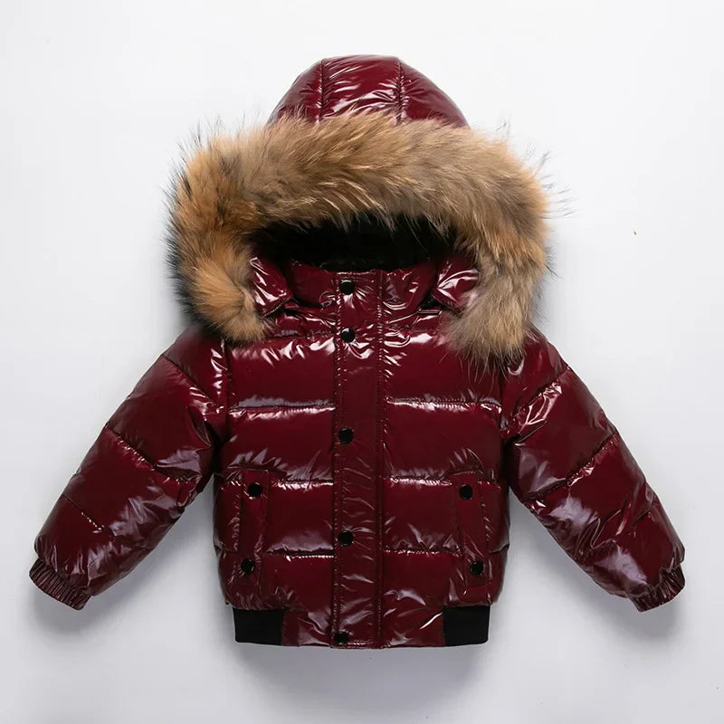Kids Winter Down Jacket Real Faux Fur Waterproof Shiny Thick Warm Outerwear