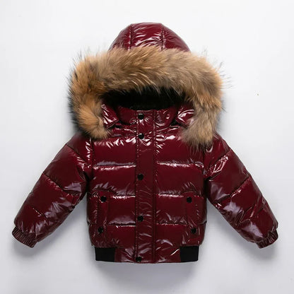 Kids Winter Down Jacket Real Faux Fur Waterproof Shiny Thick Warm Outerwear