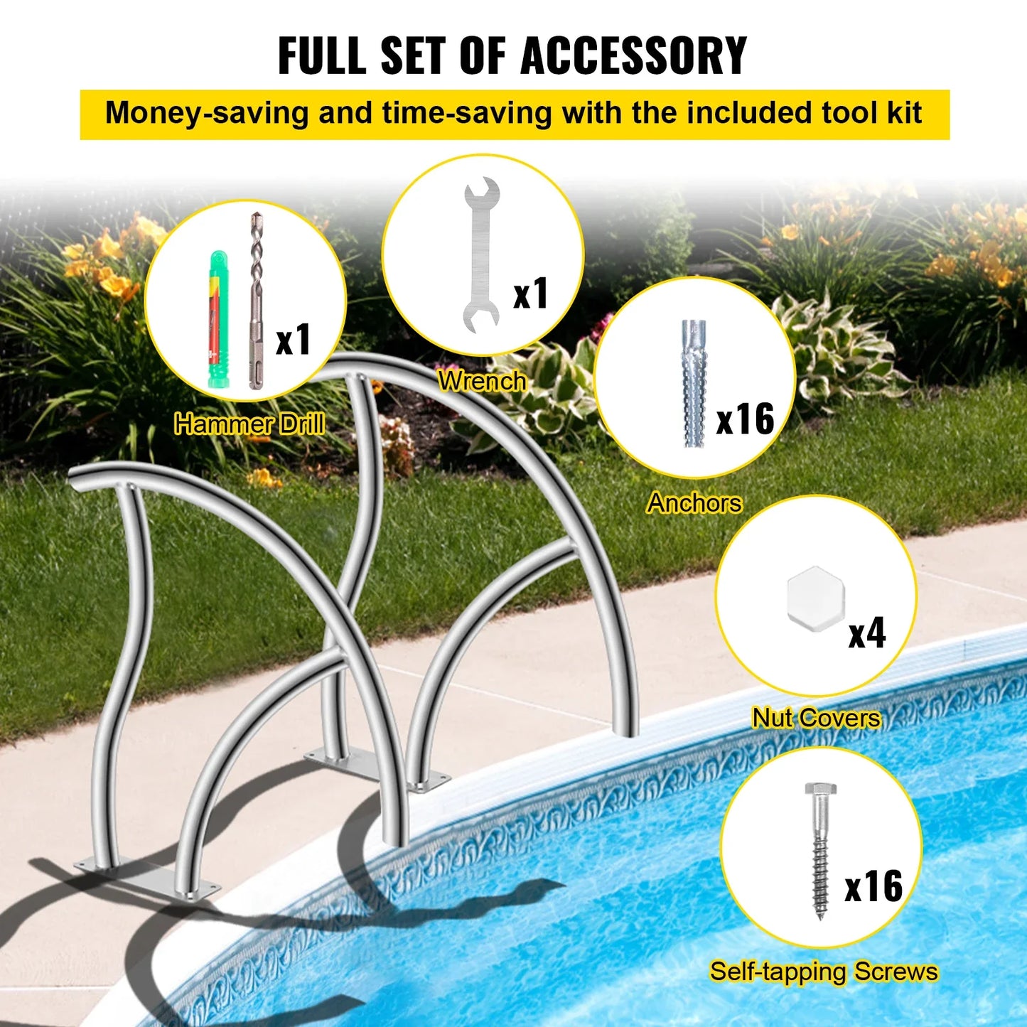 VEVOR 2 Pack 30" x 30" Swimming Pool Stair Rail 375 lbs Load Capacity w/ Quick Mount Base Plate & Complete Mounting Accessory