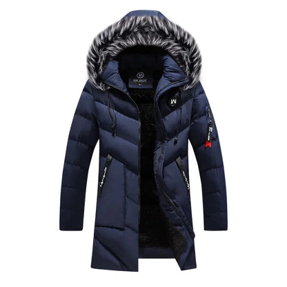 Men's Winter Thick Cotton Parka Casual Long Coat with Removable Hat Slim Fit Warm And Comfortable