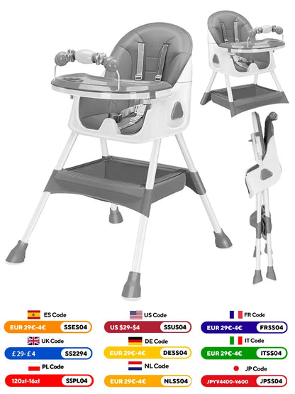 3-in-1 Baby HighChair, Foldable Portable Baby Dining Chairs Eat & Play Convertible High Chair with Double-Layer Dinner Plate