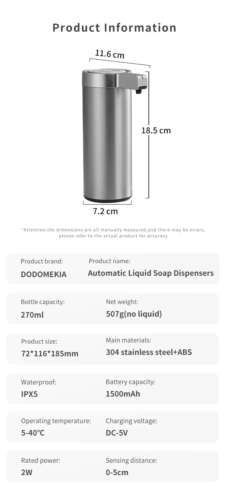 Kitchen Soap Machine Automatic Sensor Out of Hand Sanitizer Smart Electric Body Wash Soap Dispenser 304 Stainless Steel
