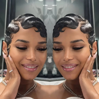Finger Wave Brazilian Remy Human Hair 13x4 Lace Front Wig 180% Density Pixie Cut for Natural Look  Black 99j wig