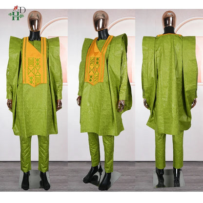 H&D African Clothing For Man Traditional Agbada Sets 3PCS Green Bazin Riche Shirt Pant Embroidery Wedding Party Suits Plus Size