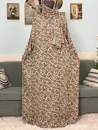 Women's Traditional Floral Ramadan Muslim Cotton Abayas Garment with attached Headscarf