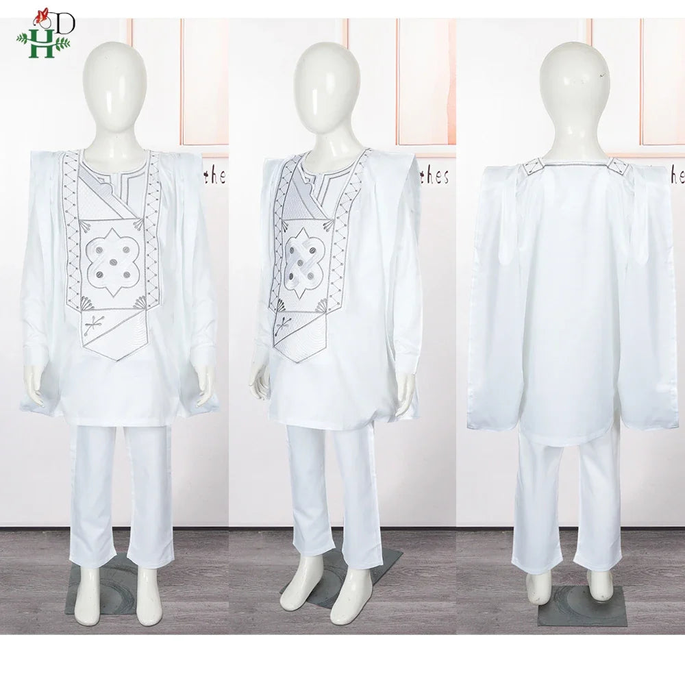 Boys White Blue Long Sleeve Tops Embroidery Dashiki Robe Shirt And Pant Set 3 PCS