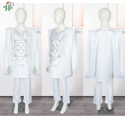 Boys White Blue Long Sleeve Tops Embroidery Dashiki Robe Shirt And Pant Set 3 PCS
