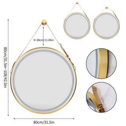 Round LED Illuminated Bathroom Mirror Hanging Wall Vanity Mirror Demister Dimmable Aluminum Fram HD Glass