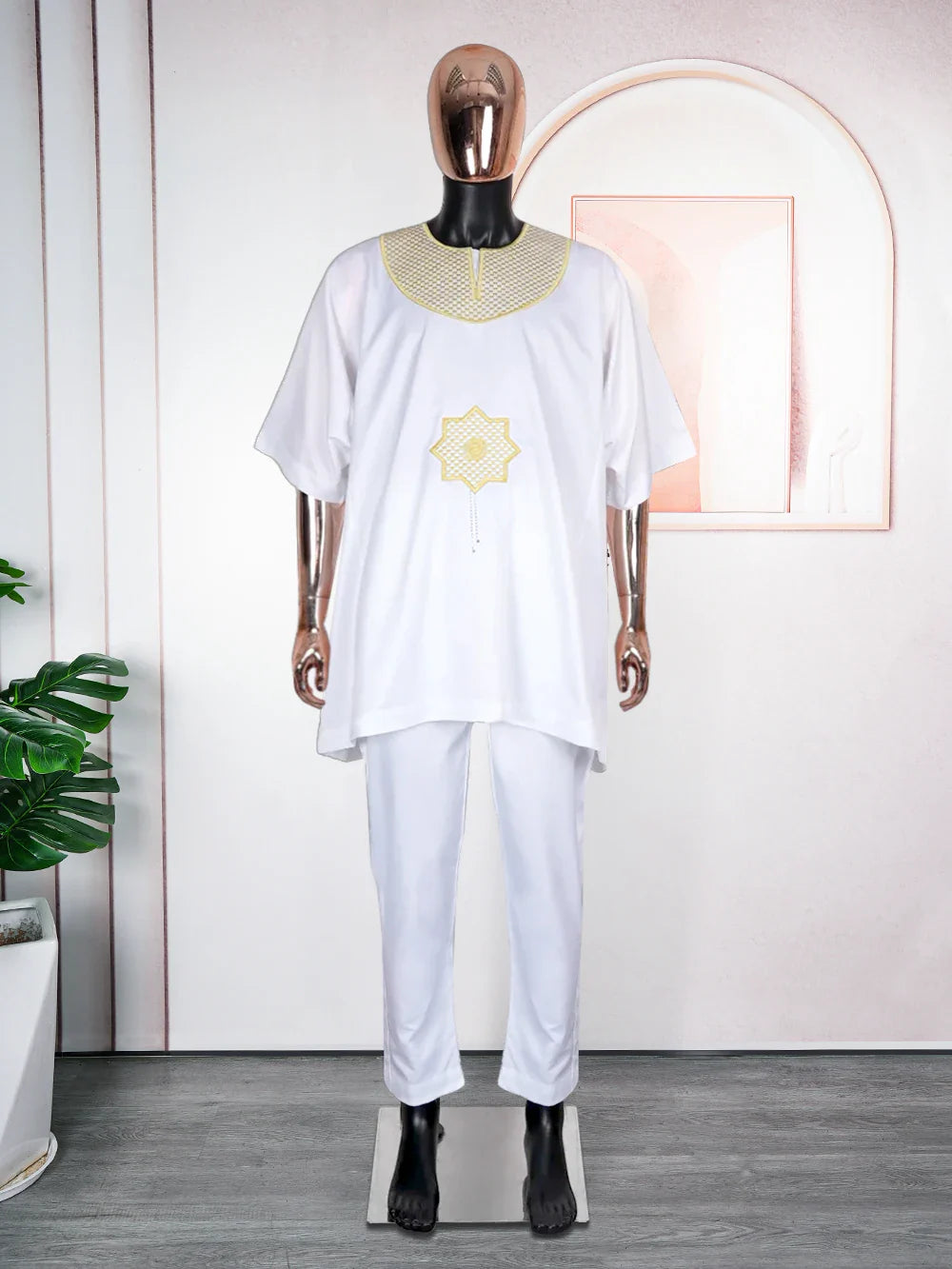African Clothes for Men 2 Pieces Set Blue Embroidered Tops and Pants Traditional Clothing Rich Bazin