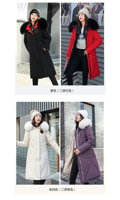 Women's Double-Sided Color Block Parka Winter Jacket with Big Fur Collar Hooded Zipper Pockets Long Sleeve Casual Overcoat