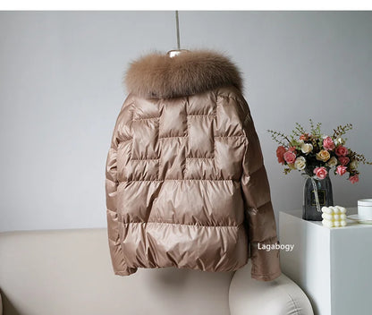Women's White Duck down Jacket 2025 Winter Collection Real Faux Fur Collar Hair Puffer Coat Vintage Street wear