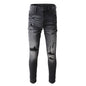 Fashion Streetwear Retro Black Gray Elastic Slim Fit Destroyed Ripped Jeans
