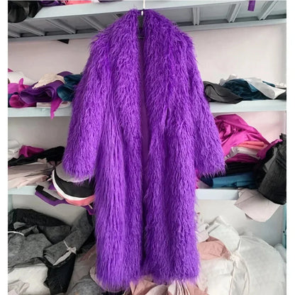 Faux Fur Jacket Women Long Coat Thick Fluffy Winter Warm Shaggy Overcoat Open Stitch Outerwear Turn Down Collar High Street