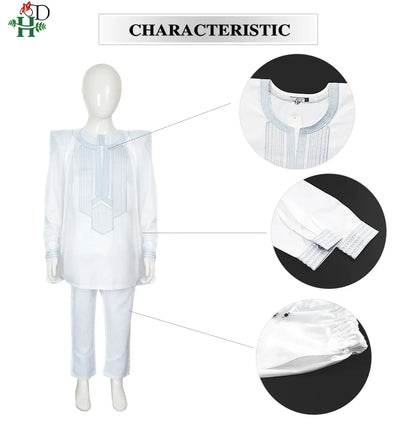 Boys White Blue Long Sleeve Tops Embroidery Dashiki Robe Shirt And Pant Set 3 PCS