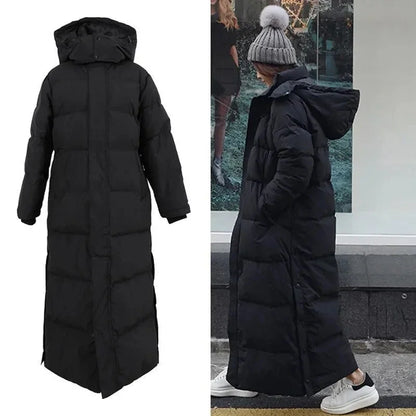 Women's Thickened Padded Cotton Parka Over-The-Knee Long Black down Coat Winter Warm Fashion Zipper Closure Slim Fit Female Jacket